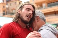 Stefanos Tsitsipas (L) & his father embrace after the former's Monte-Carlo Masters title win earlier this year